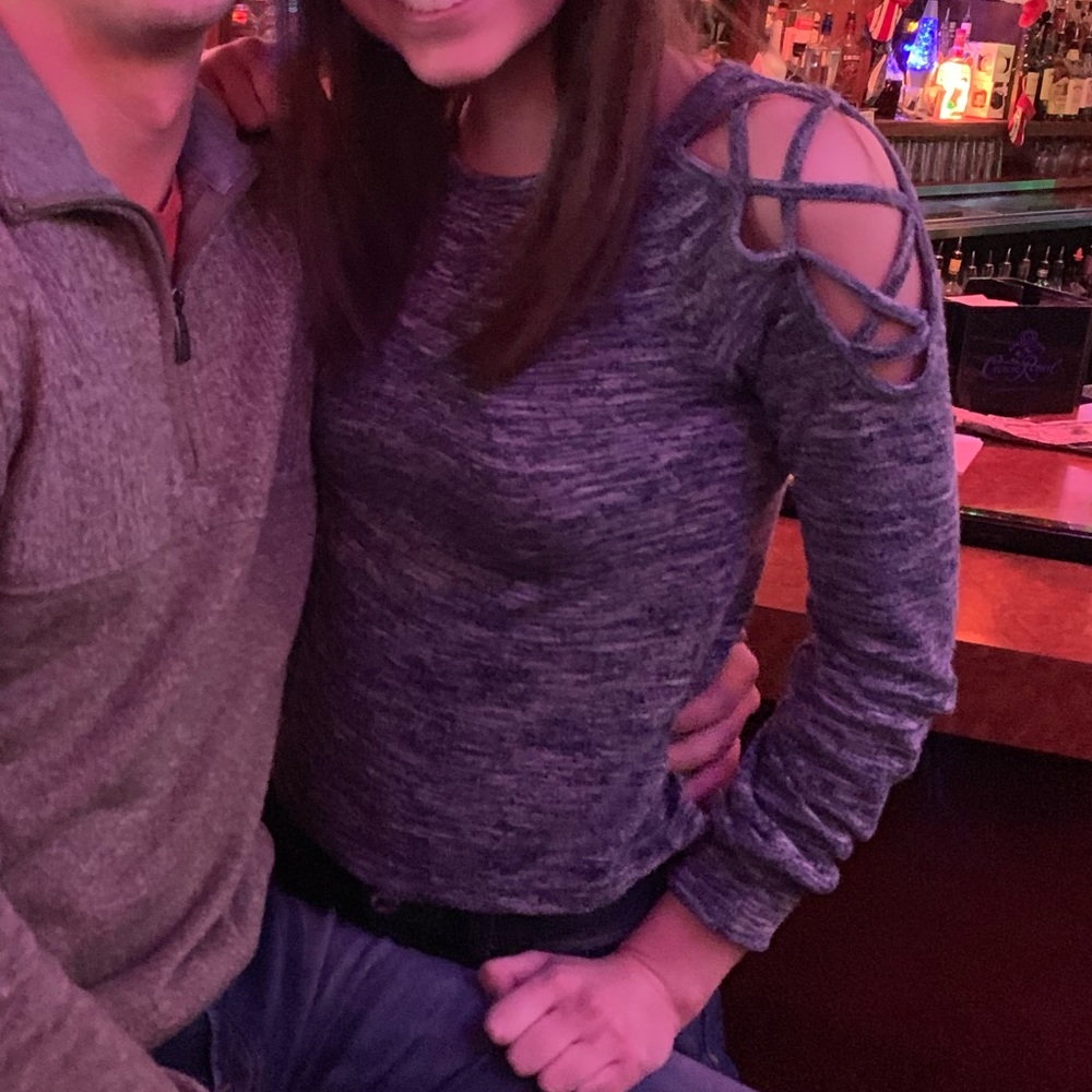 Gray/blue shirt with shoulder detailing